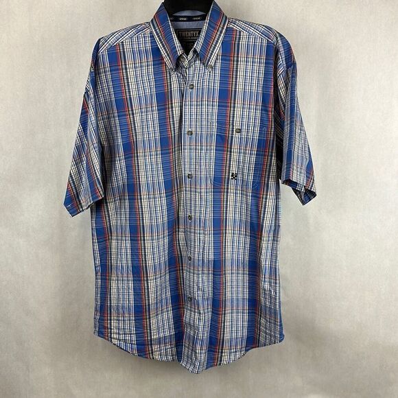 Wrangler 20X Button Front Shirt Mens Sz M Short Sleeve Plaid Blue Red White USA - Picture 7 of 7